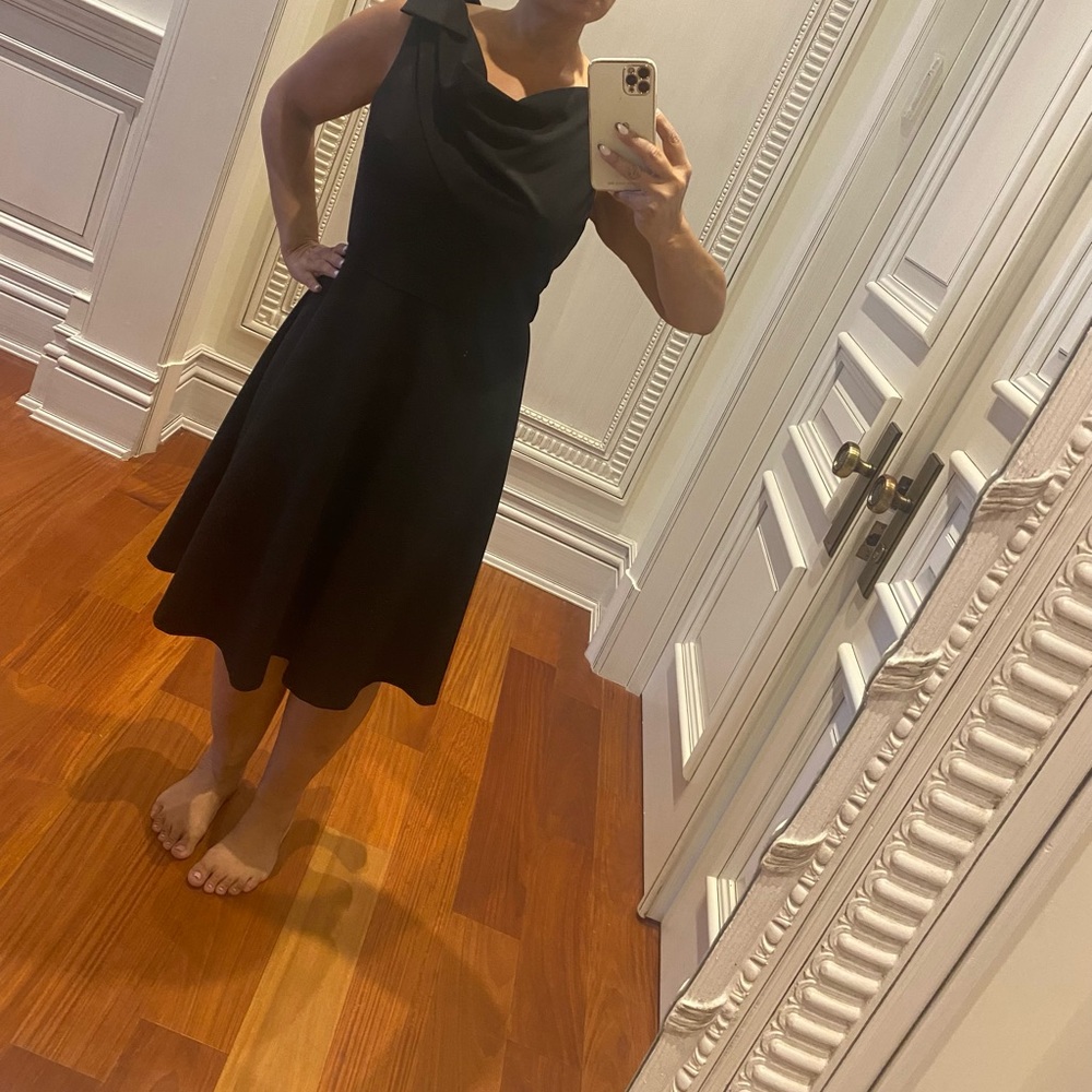 DKNY black flare dress with bow detailing on shoulder size 10